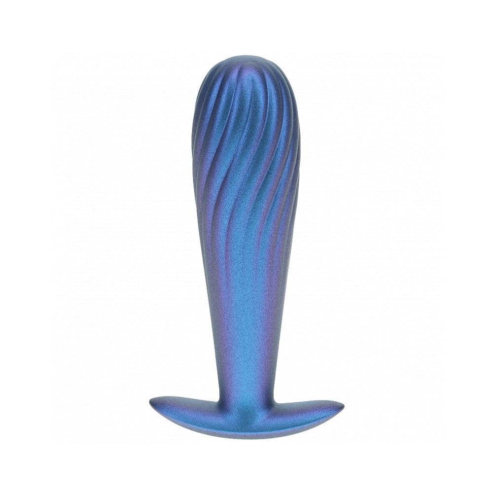 OUCH! SMOOTH SILICONE RIBBED ANAL PLUG 4.6 IN. METALLIC BLUE