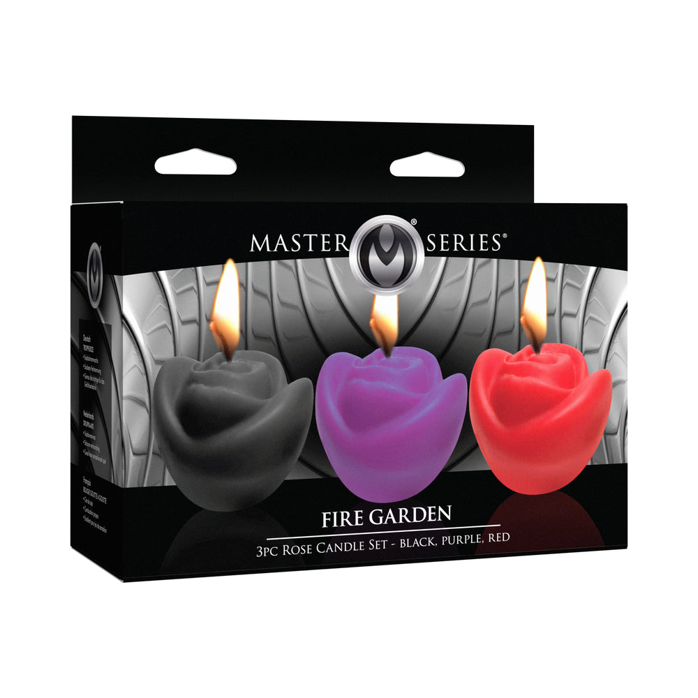 MASTER SERIES FIRE GARDEN 3-PIECE ROSE CANDLE SET BLACK/PURPLE/RED