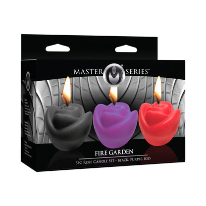MASTER SERIES FIRE GARDEN 3-PIECE ROSE CANDLE SET BLACK/PURPLE/RED
