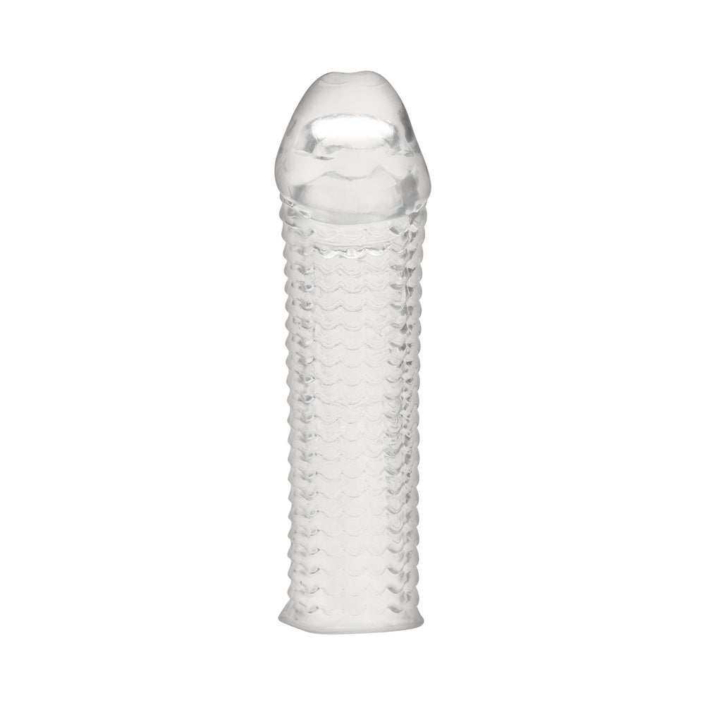 ANGUILA ELÉCTRICA - LÍNEA AZUL 6.5 PULG. EXTENSOR DE FUNDA CON TEXTURA TRANSPARENTE PARA MEJORAR EL PENE