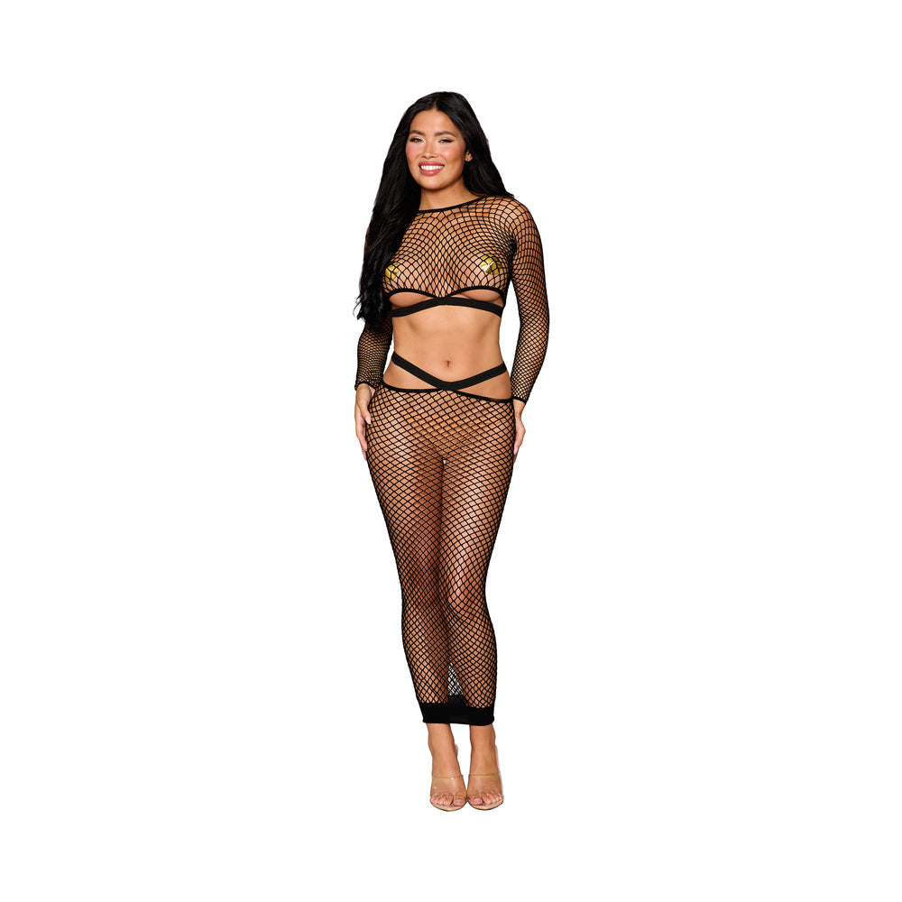 DREAMGIRL FENCE NET LONG SLEEVE BRALETTE AND MAXI SKIRT SET BLACK O/S