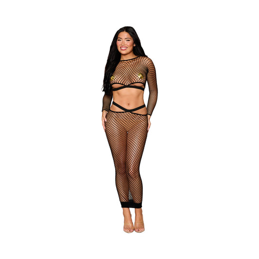 DREAMGIRL FENCE NET LONG SLEEVE BRALETTE AND MAXI SKIRT SET BLACK O/S