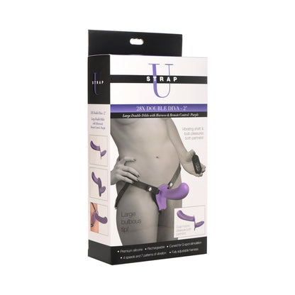 STRAP U 28X DOUBLE DIVA 2 IN. DOUBLE DILDO WITH HARNESS & REMOTE PURPLE