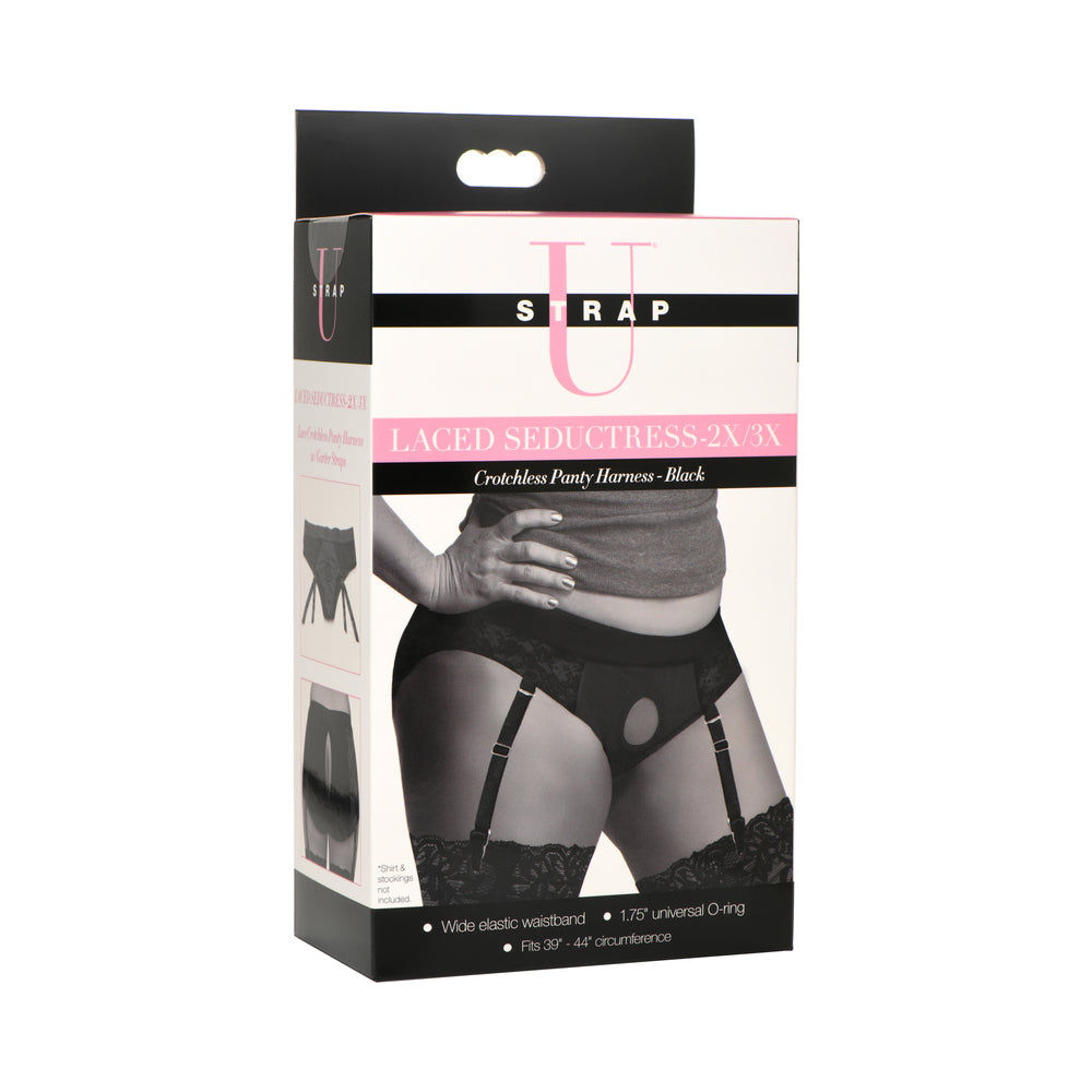 XR BRANDS - STRAP U LACED SEDUCTRESS LACE CROTCHLESS PANTY HARNESS & GARTER STRAPS 2XL/3XL