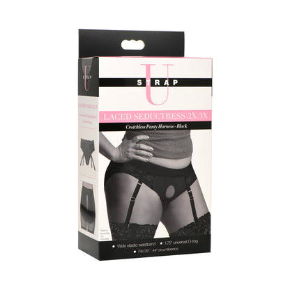 XR BRANDS - STRAP U LACED SEDUCTRESS LACE CROTCHLESS PANTY HARNESS & GARTER STRAPS 2XL/3XL