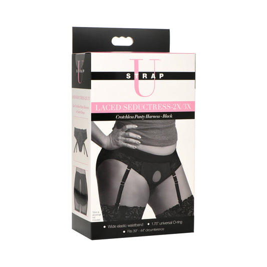 XR BRANDS - STRAP U LACED SEDUCTRESS LACE CROTCHLESS PANTY HARNESS & GARTER STRAPS 2XL/3XL