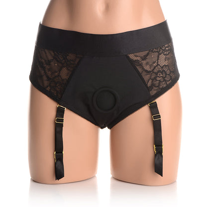XR BRANDS - STRAP U LACED SEDUCTRESS LACE CROTCHLESS PANTY HARNESS & GARTER STRAPS 2XL/3XL