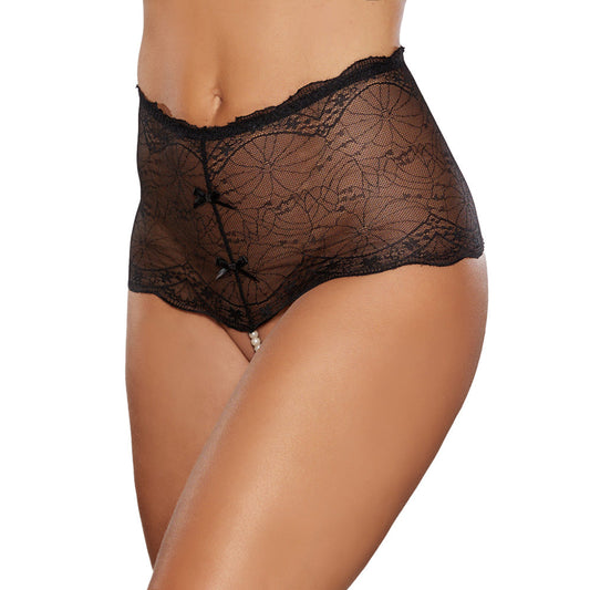 ALLURE LINGERIE - ALLURE PASSION & PEARL HIGH-WAISTED LACE THONG WITH PEARL STRING BLACK O/S