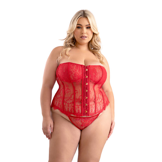 FANTASY LINGERIE - EYELASH LACE CORSET WITH BUSK FRONT, LACE-UP BACK & MATCHING G-STRING PANTY 2XL