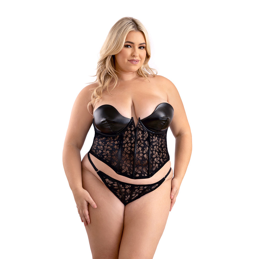 FANTASY LINGERIE LEATHER LOOK AND LACE UNDERWIRE CORSET WITH MATCHING G-STRING PANTY 2XL