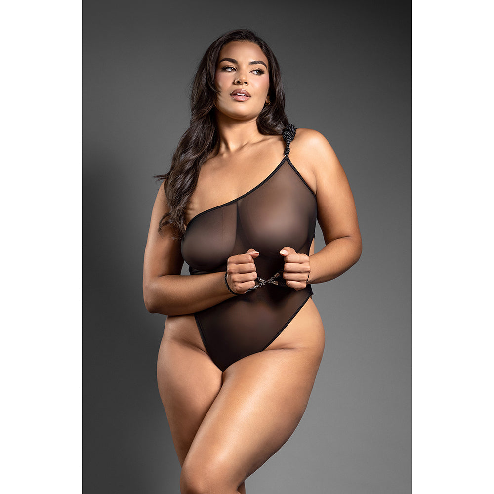 FANTASY LINGERIE DOMINA ONE-SHOULDER MESH TEDDY & MATCHING ROPE CUFFS; SILVER HARDWARE QUEEN SIZE