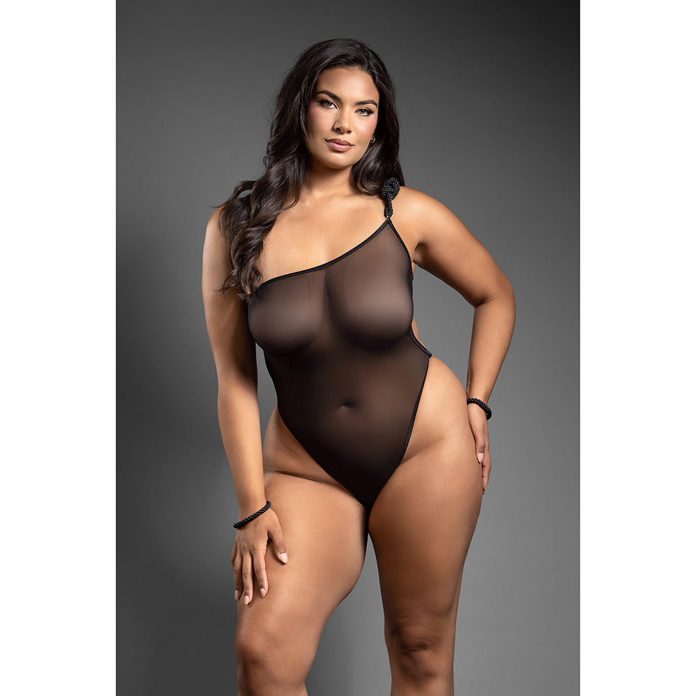 FANTASY LINGERIE DOMINA ONE-SHOULDER MESH TEDDY & MATCHING ROPE CUFFS; SILVER HARDWARE QUEEN SIZE