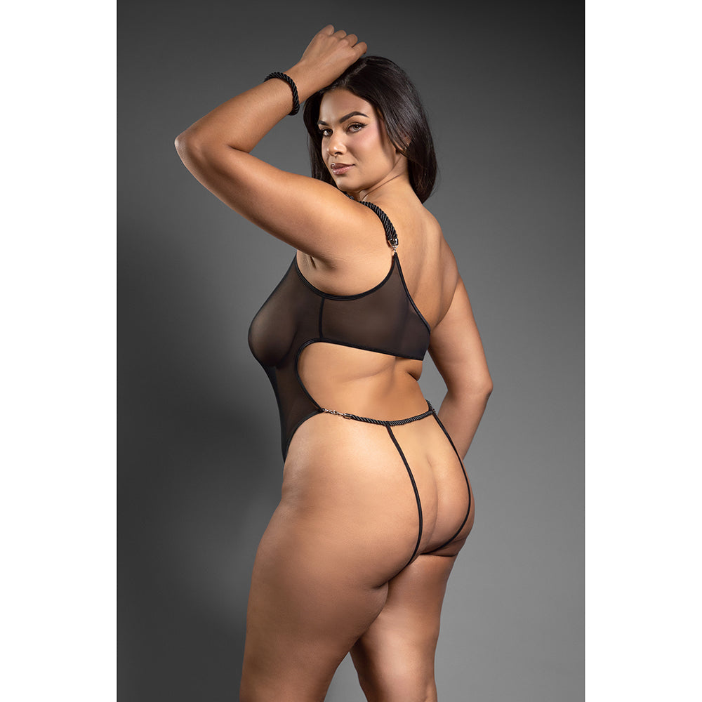 FANTASY LINGERIE DOMINA ONE-SHOULDER MESH TEDDY & MATCHING ROPE CUFFS; SILVER HARDWARE QUEEN SIZE