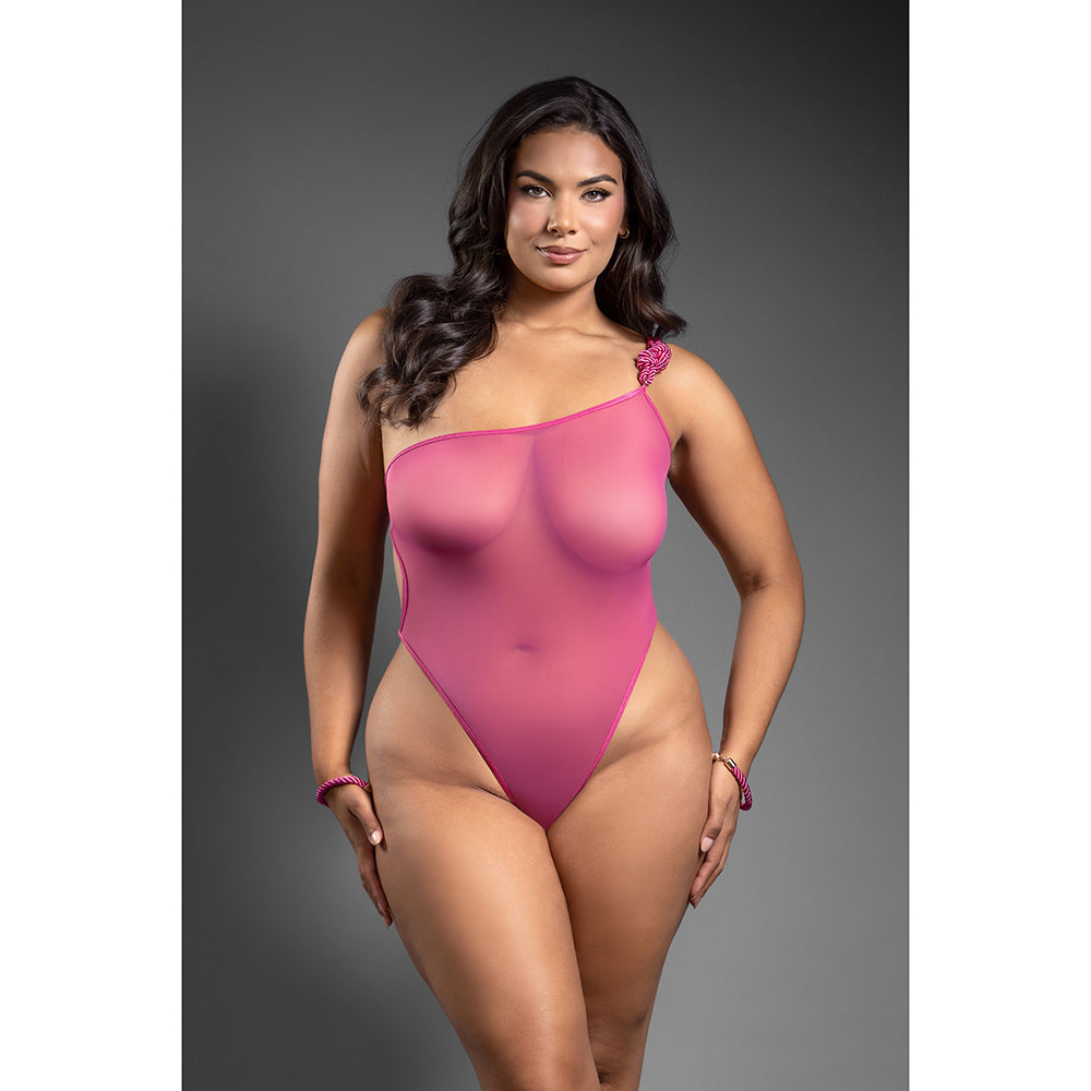 FANTASY LINGERIE DOMINA ONE-SHOULDER MESH TEDDY & MATCHING ROPE CUFFS; GOLD HARDWARE QUEEN SIZE