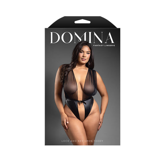 FANTASY LINGERIE DOMINA MESH TIE-BACK PLUNGE FRONT TEDDY WITH BUCKLE WAIST AND LOCK & KEY DETAIL QUEEN SIZE