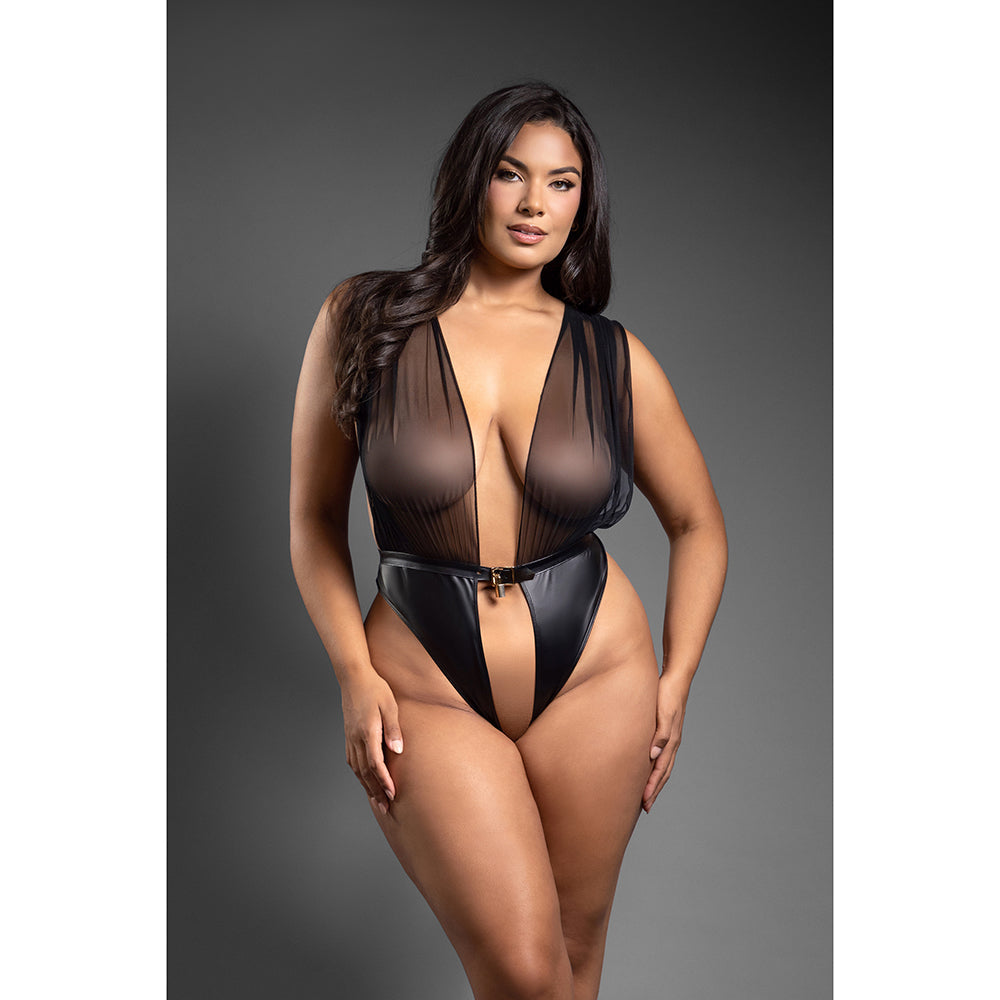 FANTASY LINGERIE DOMINA MESH TIE-BACK PLUNGE FRONT TEDDY WITH BUCKLE WAIST AND LOCK & KEY DETAIL QUEEN SIZE