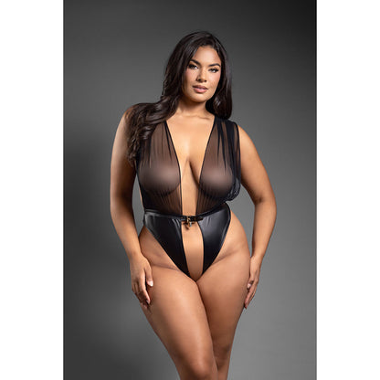 FANTASY LINGERIE DOMINA MESH TIE-BACK PLUNGE FRONT TEDDY WITH BUCKLE WAIST AND LOCK & KEY DETAIL QUEEN SIZE