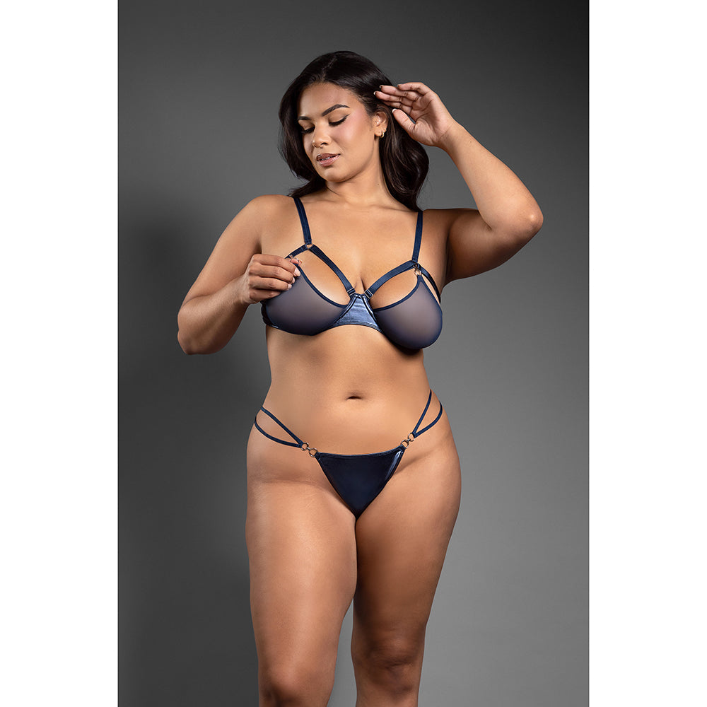 FANTASY LINGERIE DOMINA METALLIC CAGE BRA WITH OPENABLE MESH CUPS & CROTCHLESS PANTY QUEEN SIZE