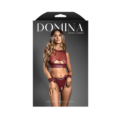 FANTASY LINGERIE DOMINA EMBOSSED FAUX LEATHER CUT-OUT TOP & CROTCHLESS PANTY WITH HANDCUFFS L/XL