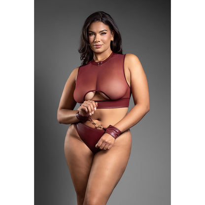 FANTASY LINGERIE DOMINA EMBOSSED FAUX LEATHER CUT-OUT TOP & CROTCHLESS PANTY WITH HANDCUFFS QUEEN SIZE