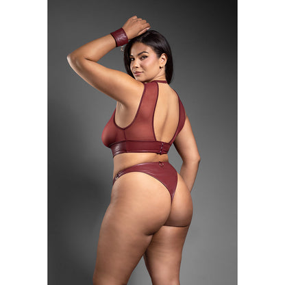 FANTASY LINGERIE DOMINA EMBOSSED FAUX LEATHER CUT-OUT TOP & CROTCHLESS PANTY WITH HANDCUFFS QUEEN SIZE