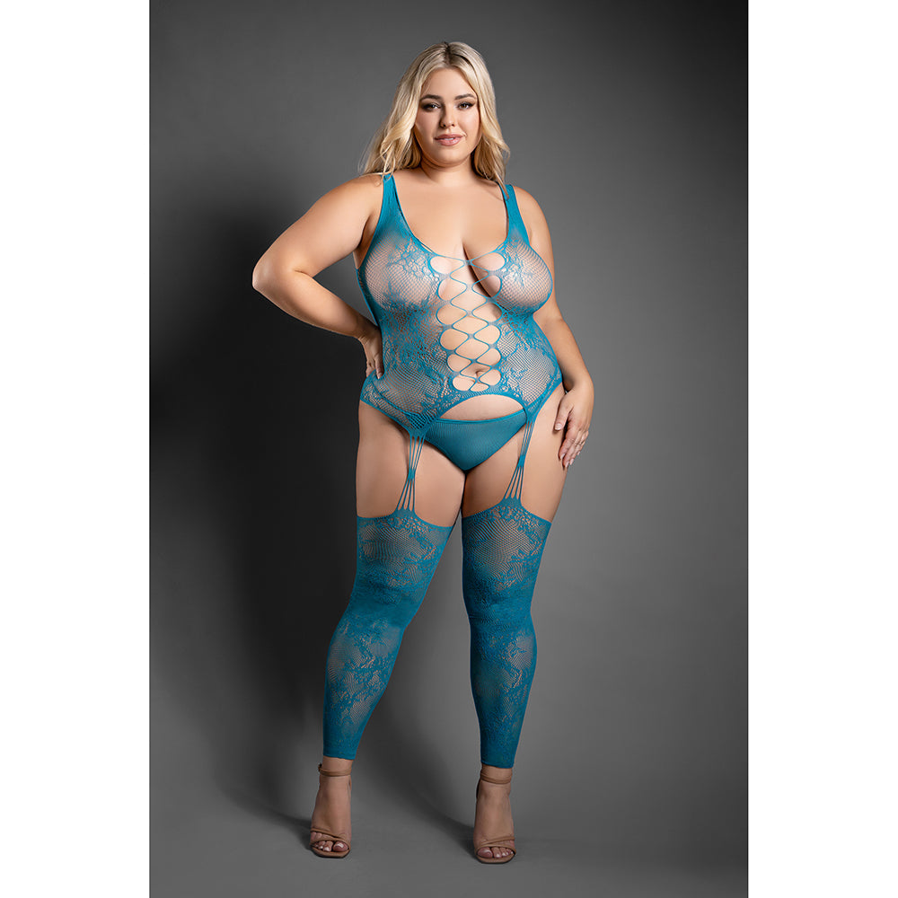 FANTASY LINGERIE SHEER EVERLASTING REVERSIBLE FOOTLESS FLORAL KNIT BODYSTOCKING & G-STRING PANTY QUEEN SIZE
