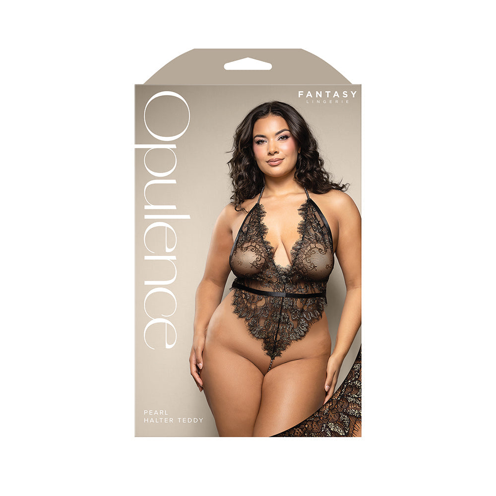 FANTASY LINGERIE OPULENCE SHIMMER LACE PEARL HALTER TEDDY WITH OPEN BACK & PEARL STRING CROTCH QUEEN SIZE