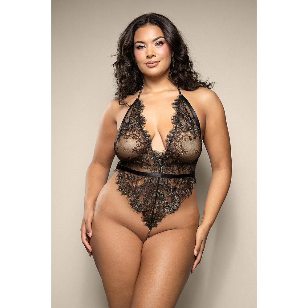 FANTASY LINGERIE - OPULENCE SHIMMER LACE PEARL HALTER TEDDY WITH OPEN BACK & PEARL STRING CROTCH
