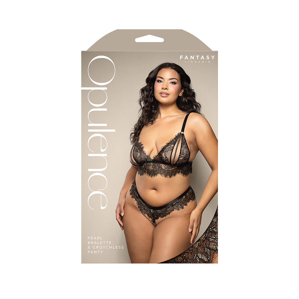 FANTASY LINGERIE OPULENCE LACE BRALETTE WITH SPLIT PEARL CUPS & CROTCHLESS DOUBLE PEARL PANTY QUEEN SIZE