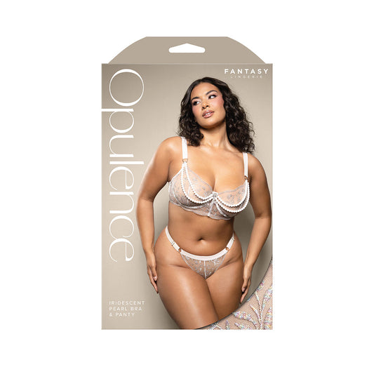 FANTASY LINGERIE OPULENCE METALLIC EMBROIDERED BRA WITH PEARL UNDERWIRE CUPS & PEARL PANTY QUEEN SIZE