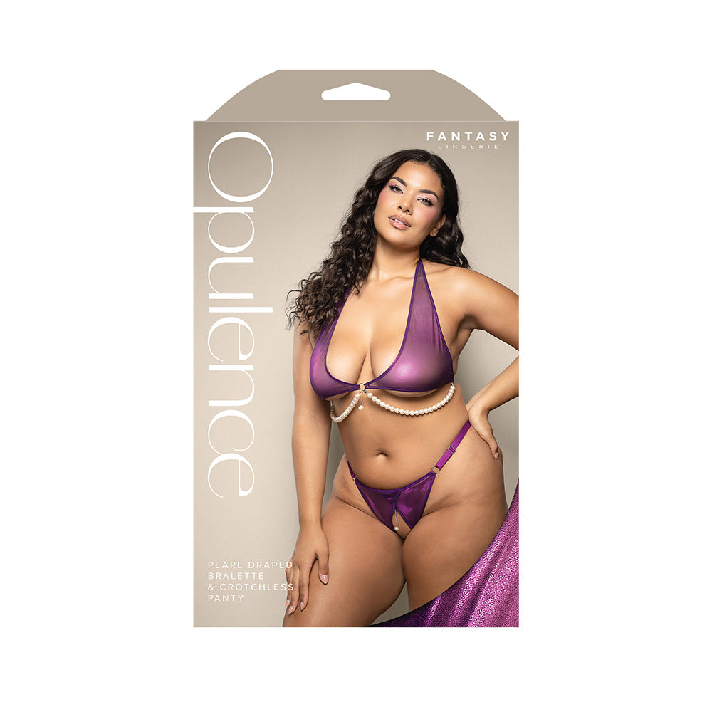 FANTASY LINGERIE OPULENCE FOILED MESH HALTER BRALETTE WITH PEARL UNDERBUST & CROTCHLESS PANTY QUEEN SIZE