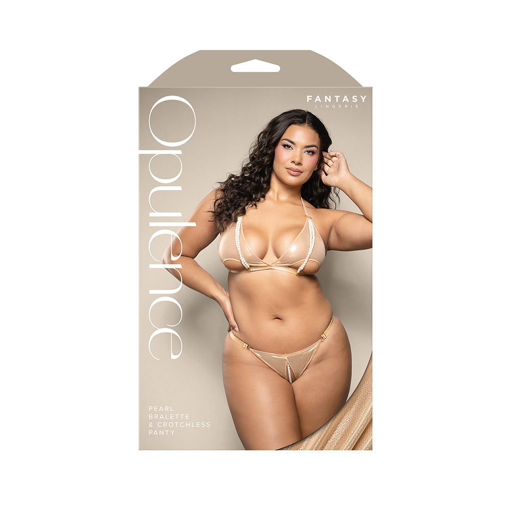FANTASY LINGERIE OPULENCE FOILED MESH CUT-OUT PEARL HALTER BRALETTE & CROTCHLESS PEARL PANTY QUEEN SIZE