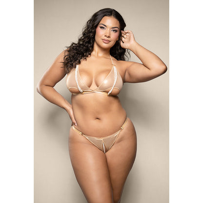 FANTASY LINGERIE OPULENCE FOILED MESH CUT-OUT PEARL HALTER BRALETTE & CROTCHLESS PEARL PANTY QUEEN SIZE