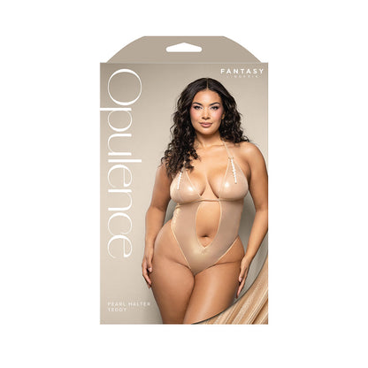 FANTASY LINGERIE - OPULENCE FOIL MESH CUT-OUT HALTER TEDDY WITH STIMULATING PEARL & PEARL STRING QUEEN SIZE