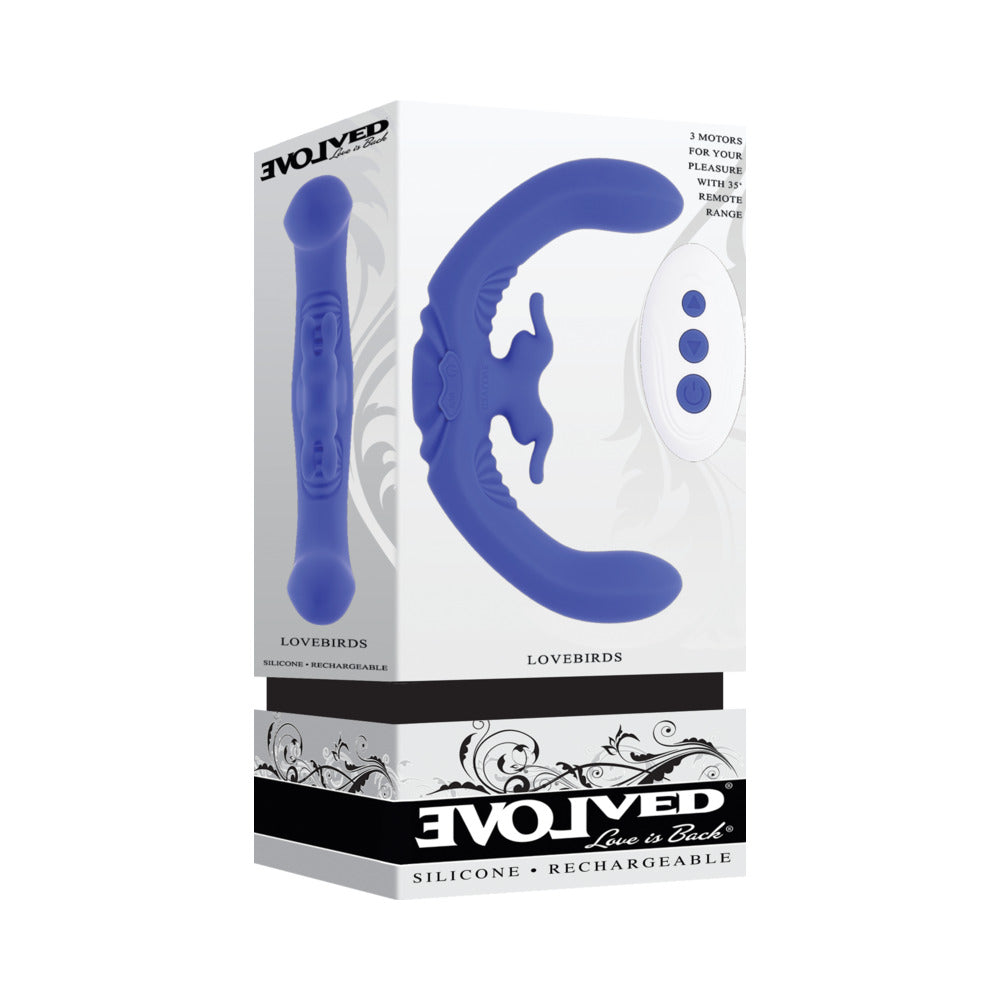 EVOLVED LOVEBIRDS RECHARGEABLE SILICONE REMOTE-CONTROLLED DUAL-ENDED VIBRATOR BLUE