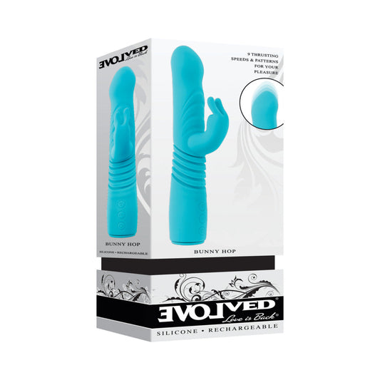 EVOLVED - VIBRADOR RABBIT RECARGABLE DE SILICONA CON FUNCIÓN THRUSTING BUNNY HOP TURQUESA