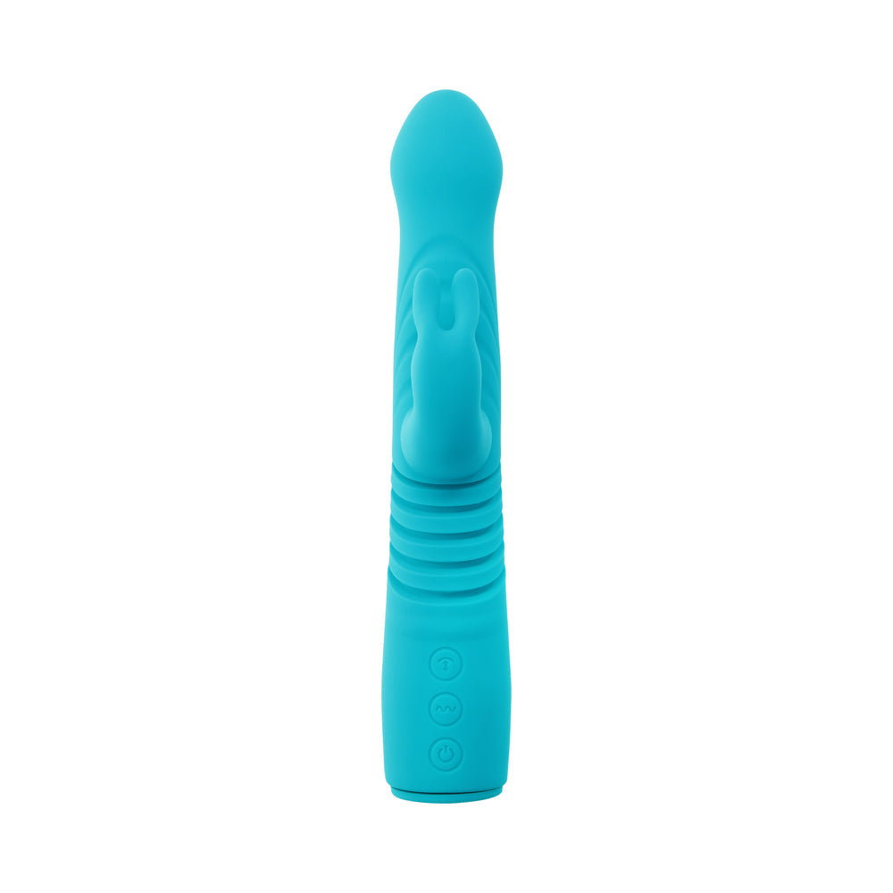 EVOLVED - BUNNY HOP RECHARGEABLE SILICONE THRUSTING RABBIT VIBRATOR TEAL