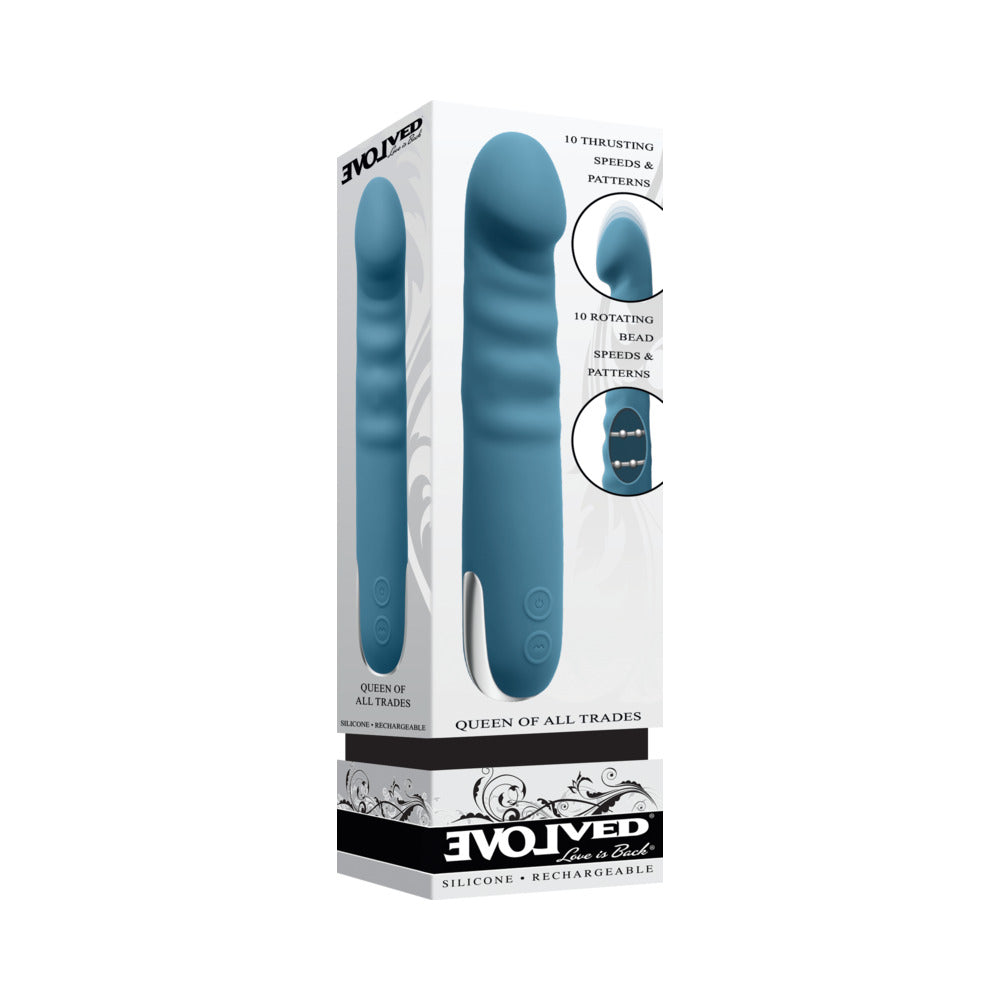EVOLVED QUEEN OF ALL TRADES RECHARGEABLE SILICONE THRUSTING AND ROTATING VIBRATOR TEAL