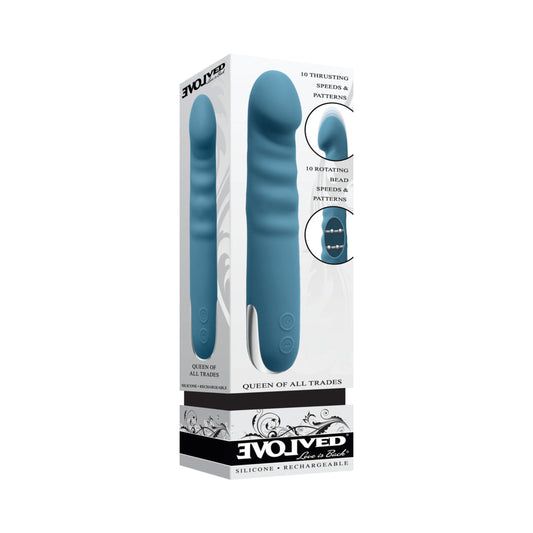 EVOLVED - RECARGABLE VIBRADOR DE SILICONA DE EMPUJE Y ROTACIÓN "REINA DE TODOS LOS OFICIOS" COLOR TEAL