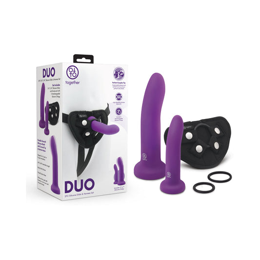 TOGETHER TOY - TOGETHER DUO SILICONE 2-PIECE 5.5 IN. & 7.75 IN. DILDO AND HARNESS SET PURPLE