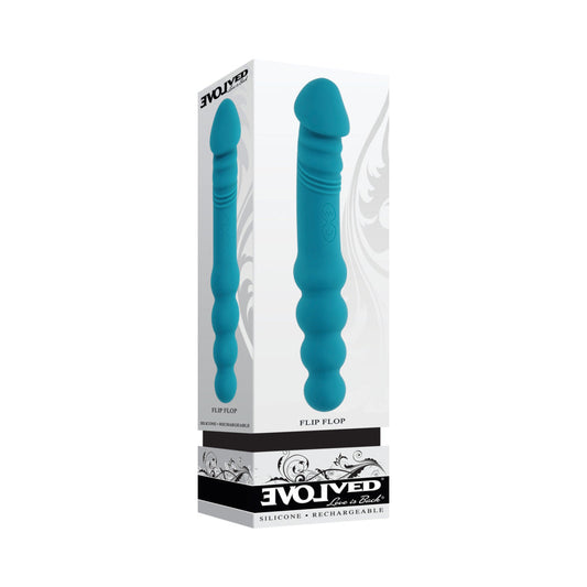EVOLVED - VIBRADOR DE SILICONA RECARGABLE DE DOBLE PUNTA FLIP FLOP COLOR VERDE AZULADO