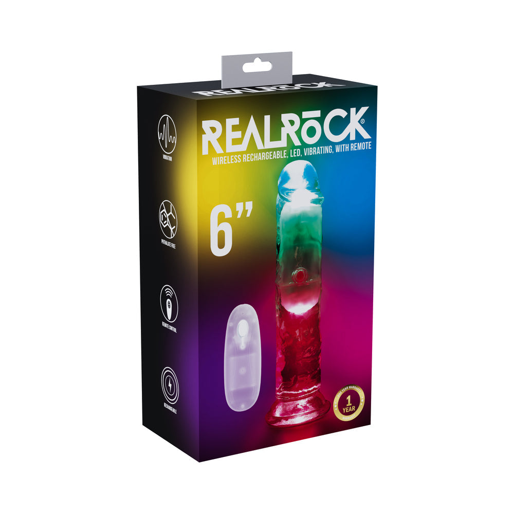 SHOTS - DILDO VIBRATORIO CON CONTROL REMOTO LED RECARGABLE INALÁMBRICO REALROCK DE 6 PULGADAS TRANSPARENTE