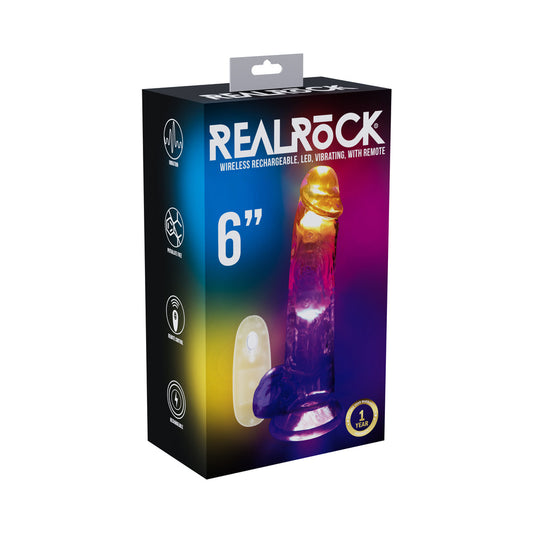 SHOTS - REALROCK DILDO DE 6 PULGADAS CON BOLAS, INALÁMBRICO, RECARGABLE, CON CONTROL REMOTO, LED, VIBRATORIO, TRANSPARENTE