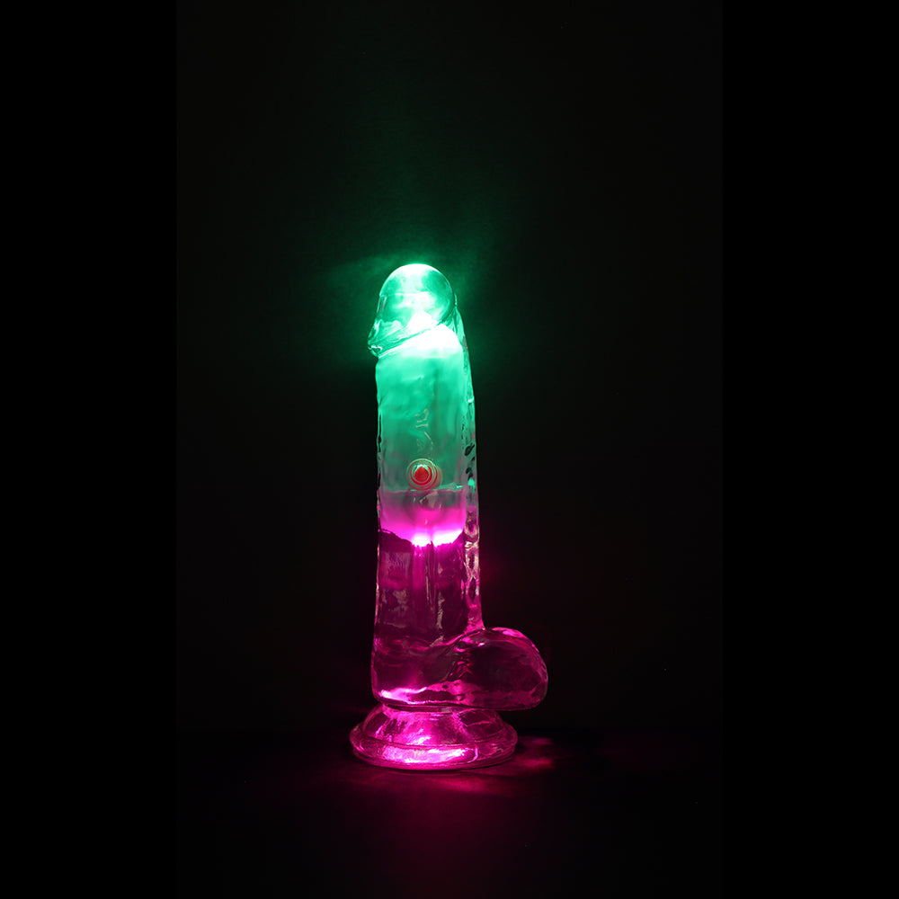 REALROCK WIRELESS RECHARGEABLE REMOTE CONTROL LED VIBRATING 6 IN. DILDO WITH BALLS CLEAR