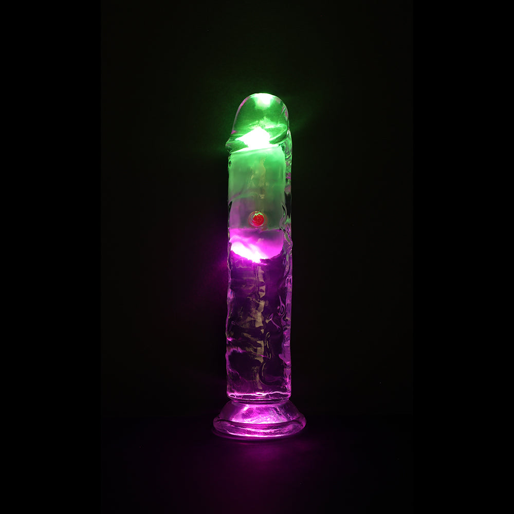 REALROCK WIRELESS RECHARGEABLE REMOTE CONTROL LED VIBRATING 7 IN. DILDO CLEAR