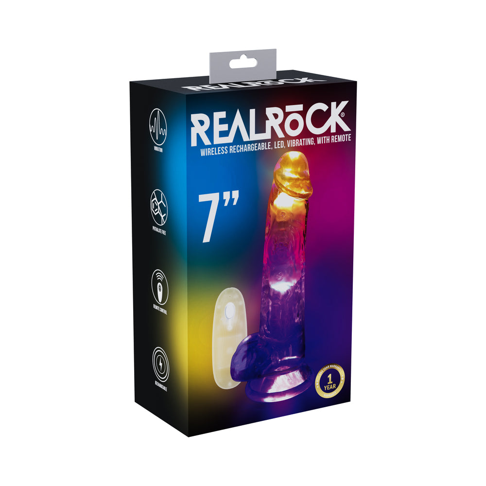 REALROCK WIRELESS RECHARGEABLE REMOTE CONTROL LED VIBRATING 7 IN. DILDO WITH BALLS CLEAR