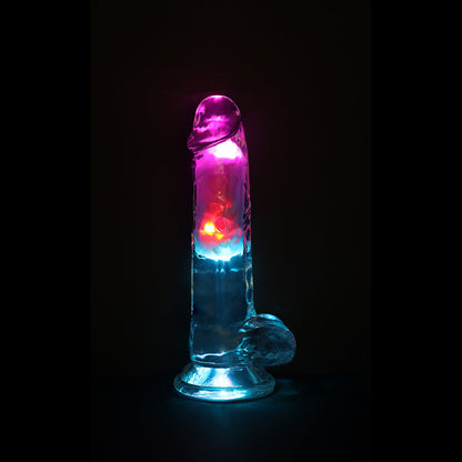 REALROCK WIRELESS RECHARGEABLE REMOTE CONTROL LED VIBRATING 7 IN. DILDO WITH BALLS CLEAR