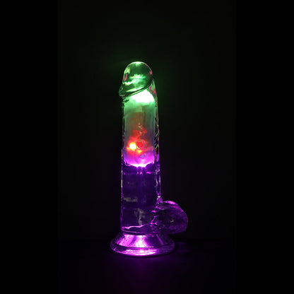 REALROCK WIRELESS RECHARGEABLE REMOTE CONTROL LED VIBRATING 7 IN. DILDO WITH BALLS CLEAR
