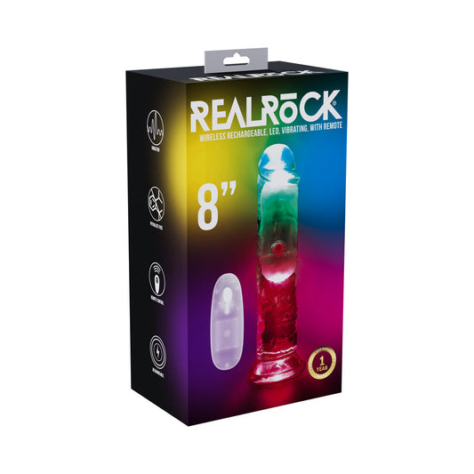 REALROCK WIRELESS RECHARGEABLE REMOTE CONTROL LED VIBRATING 8 IN. DILDO CLEAR