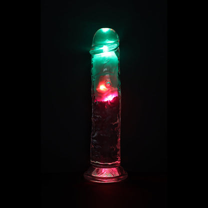 SHOTS - REALROCK WIRELESS RECHARGEABLE REMOTE CONTROL LED VIBRATING 8 IN. DILDO CLEAR